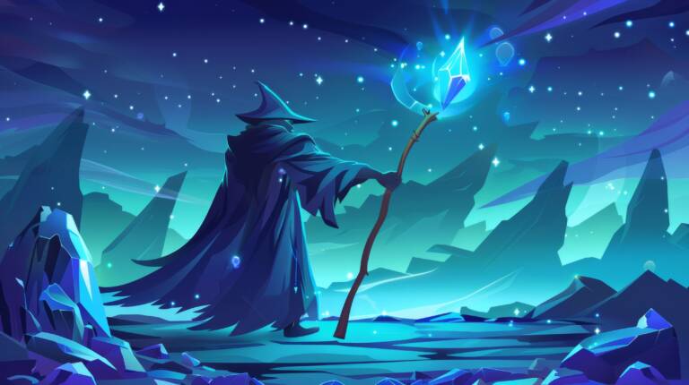 Mystische Gestalt in blauer Robe – Symbolbild Transformation und Magie