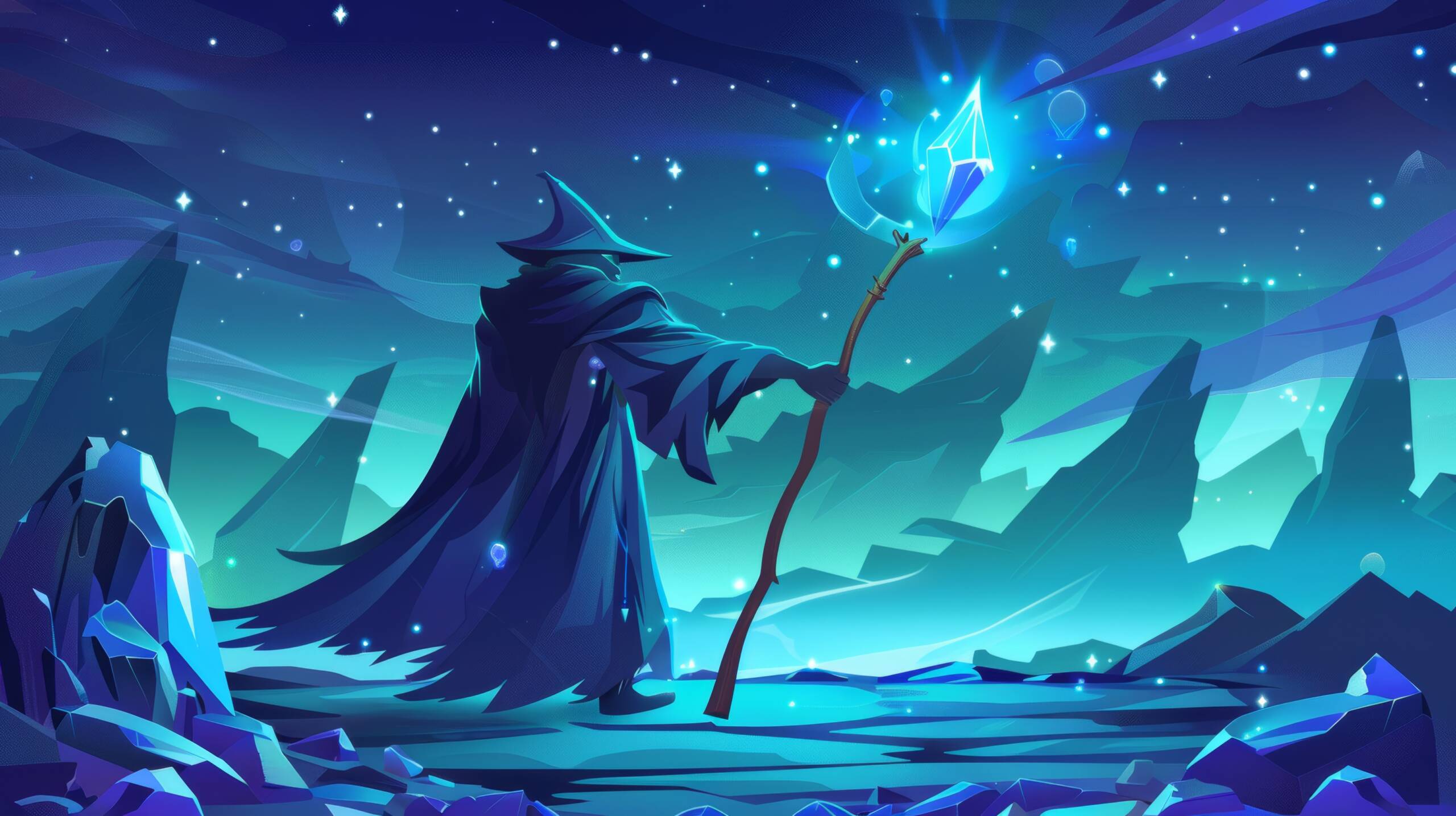 Mystische Gestalt in blauer Robe – Symbolbild Transformation und Magie