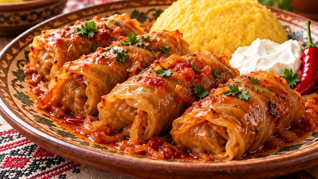 Rumänische Sauerkrautrouladen (Sarmale) mit Mămăligă, Sauerrahm und Pfefferoni auf einem bemalten Tonteller